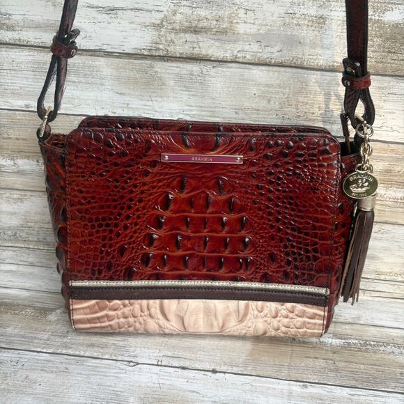 Brahmin Purse Melbourne Crossbody Pecan Cream Small Croc Embossed Leather Bag - Picture 3 of 16